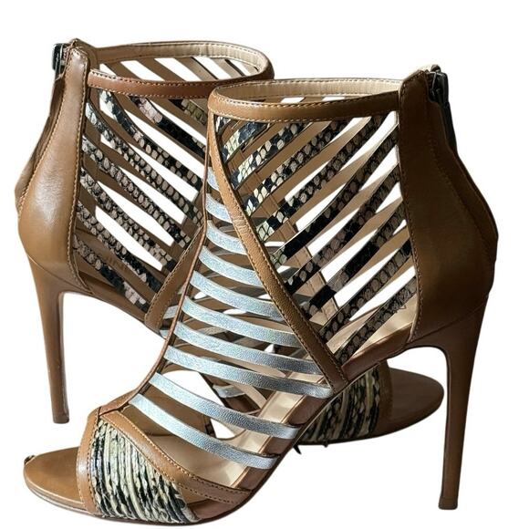 Nine West SZ 7 in Box Tan Leather 4" STILLETO Heel PEEP TOE Snakeskin Metallic - Picture 12 of 16